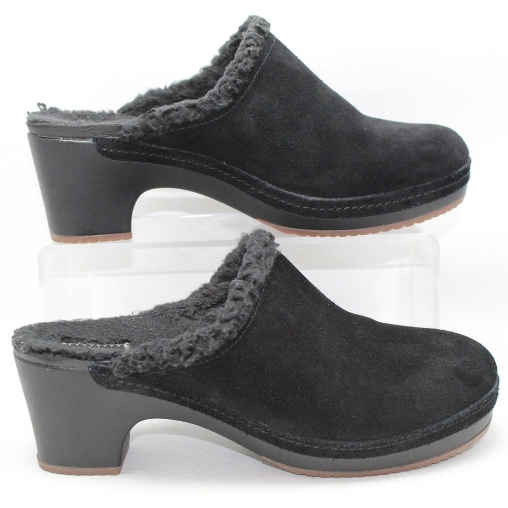 Crocs Leigh Black Suede Faux Fur Lined‎ Platform Clog Mules 203414 Womens 7 NWOB